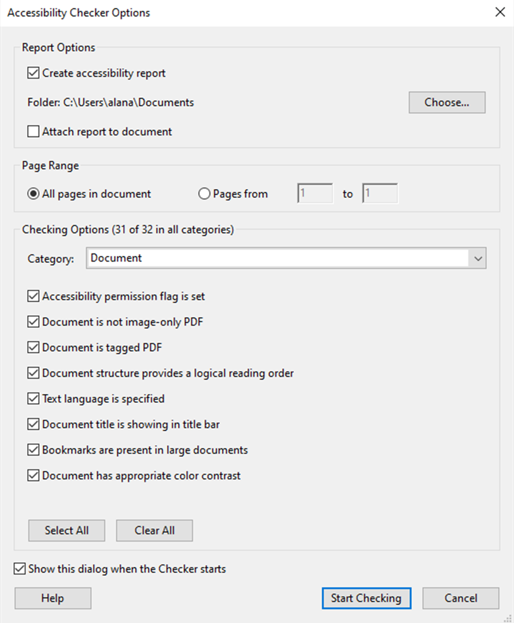 the accessibility checker options dialog