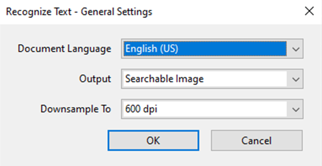 the recognize text dialog with English selected as the document language