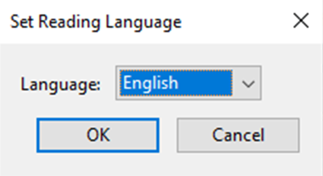 the reading language dialog with English selected