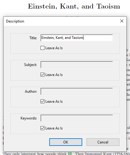 the description dialog box with the title of the document added to the title field