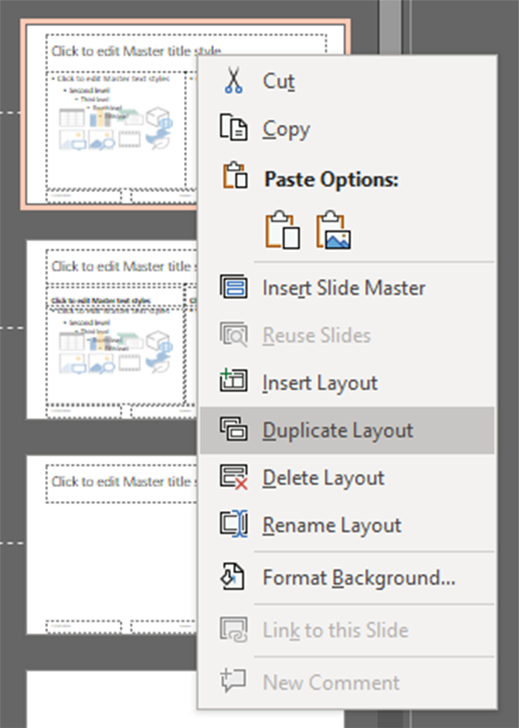 The right click menu of the layouts in slide master with duplicate layout highlighted