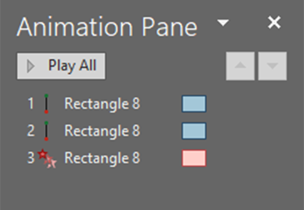 The animation pane for the animation, showing one rectangle with two line motion paths and one fly out animation
