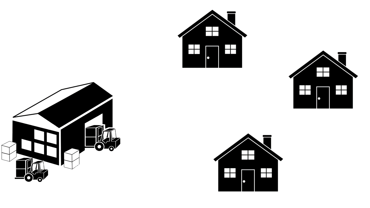 an animation of a warehouse sending trucks to three houses