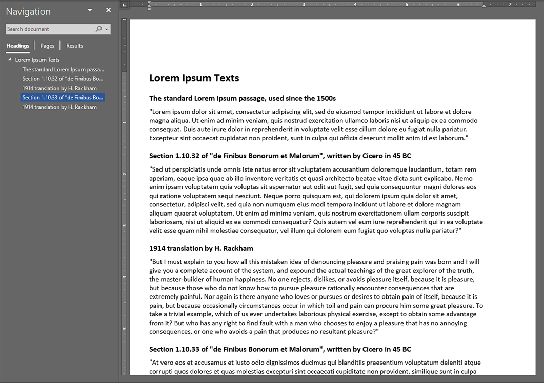 an example document showing one heading 1 with 5 level 2 headings beneath it