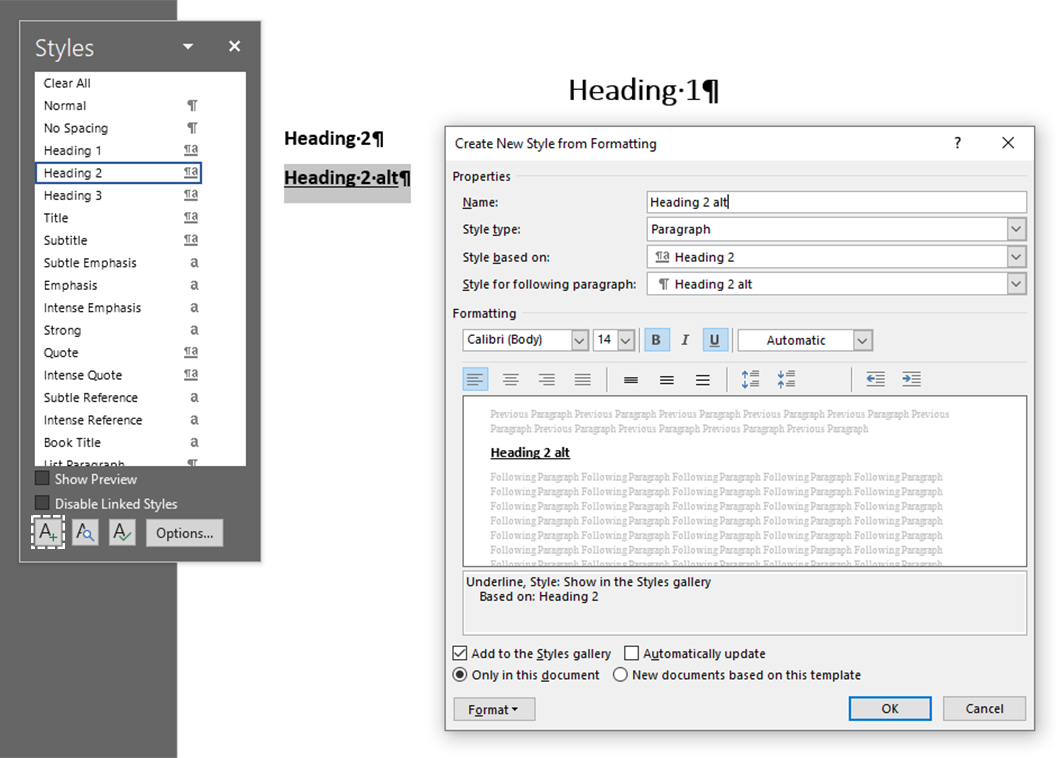 The new style dialog using heading 2 as a base for a new heading style