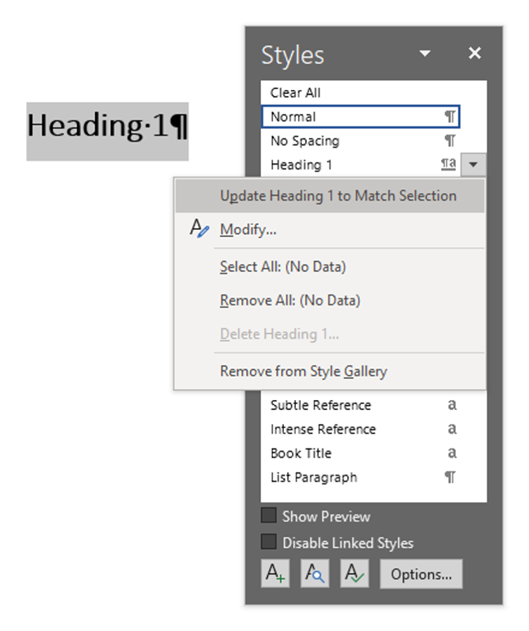 The right click menu of a style, showing the Update style to match selection option